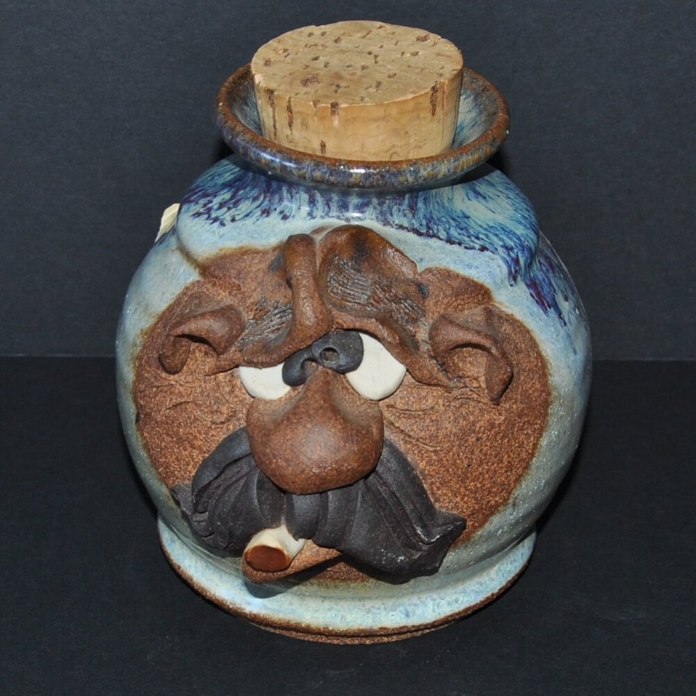 Vintage 1980 Mahon Signed Stoneware Smoking Funny Face Stash Jar & Cork Lid
